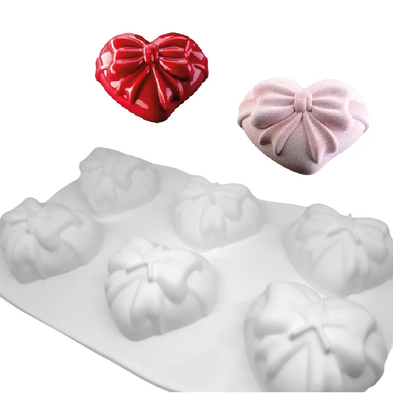 Szilikon mousse forma, szív, masnival, 6 adagos