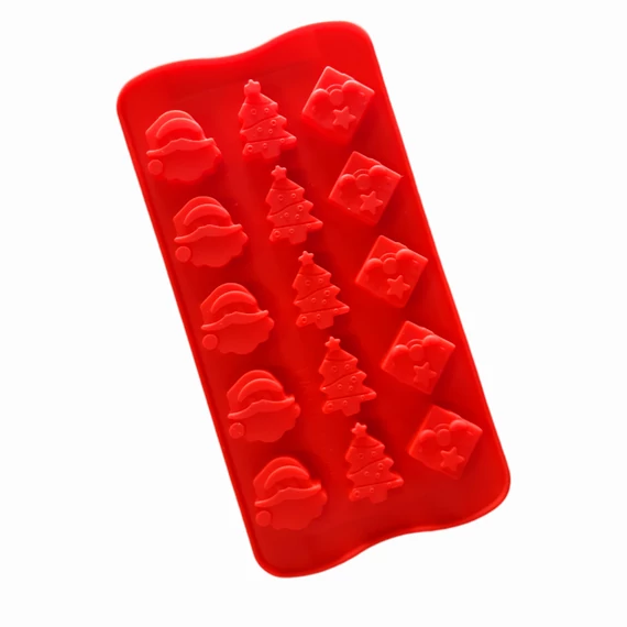 Karácsonyi szilikon bonbon forma, fenyő, doboz, Mikulás, 15 adagos